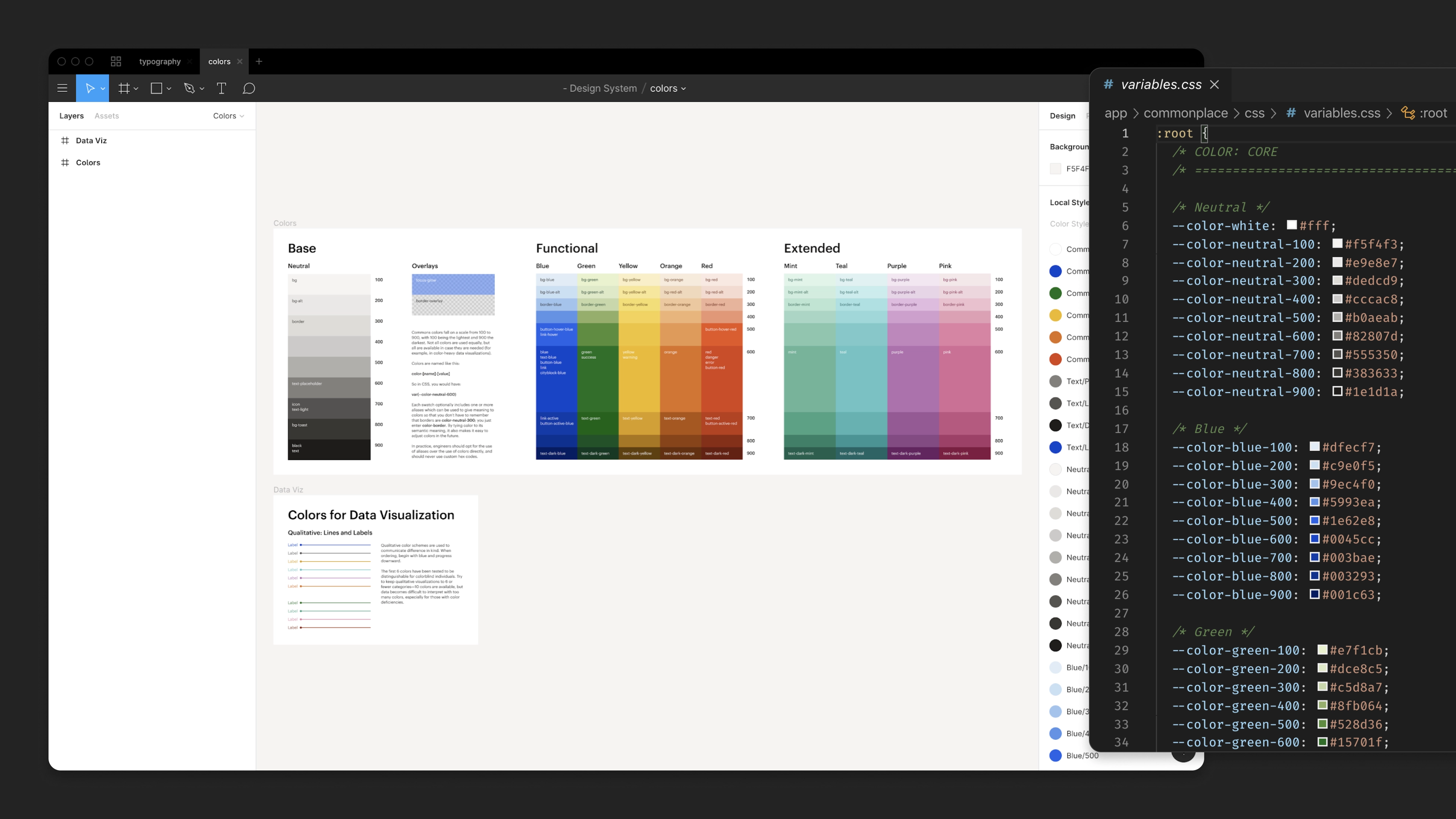 The Commonplace color palette with matching variables in
CSS.